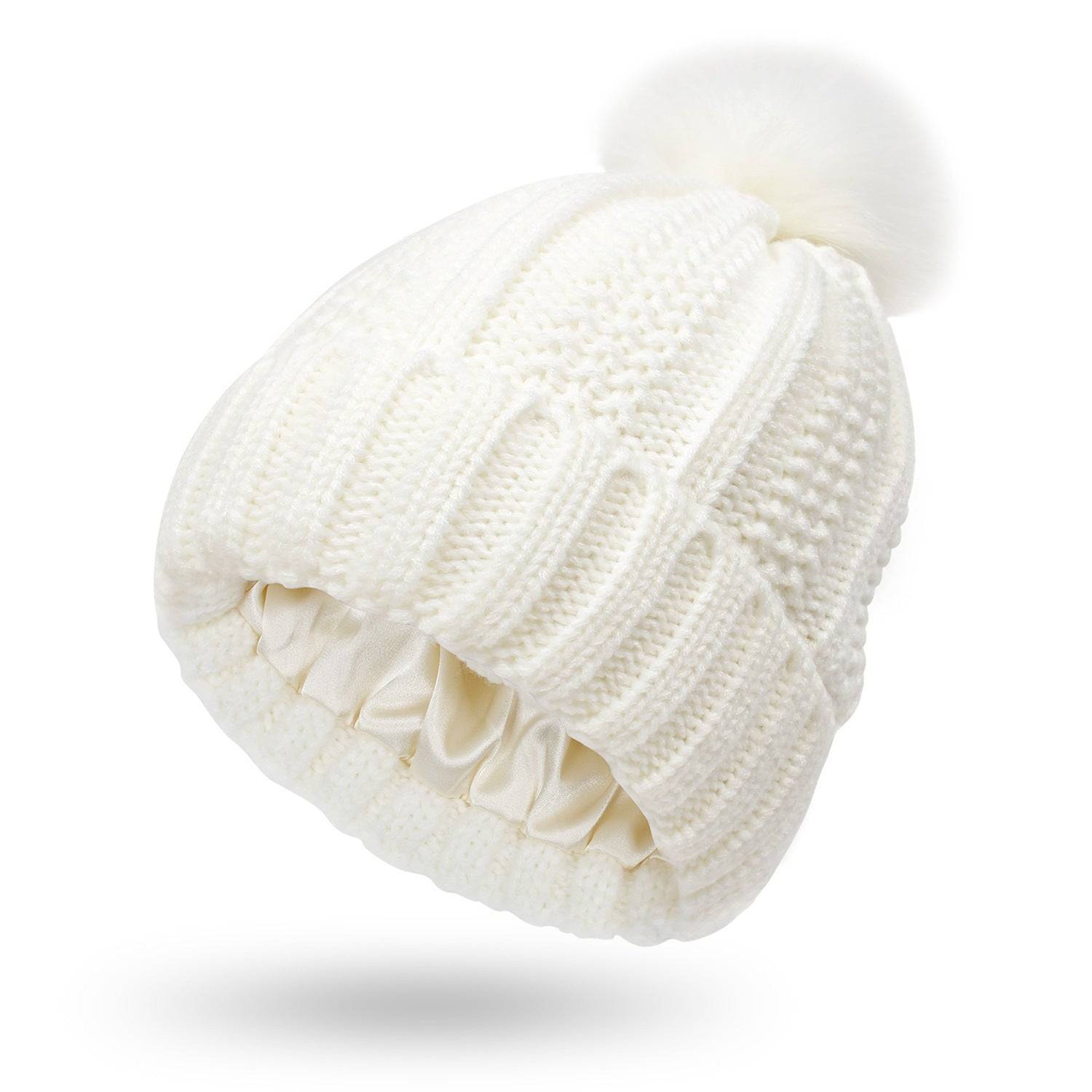 Womens Winter Hat Satin Lined Knit Beanie with Fur Pom