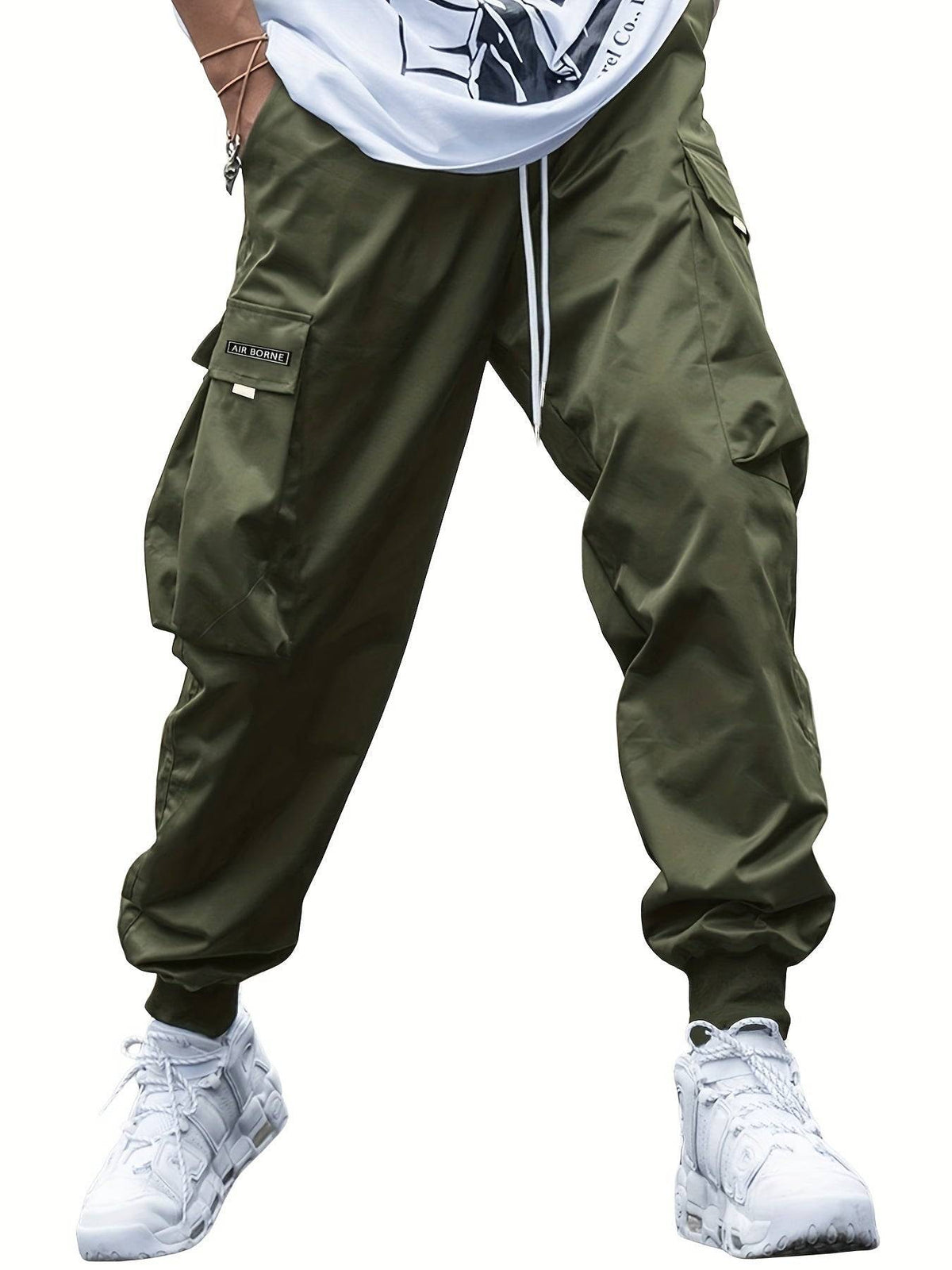 Mens Loose Fit Cargo Pants with Drawstring and Multi Pockets