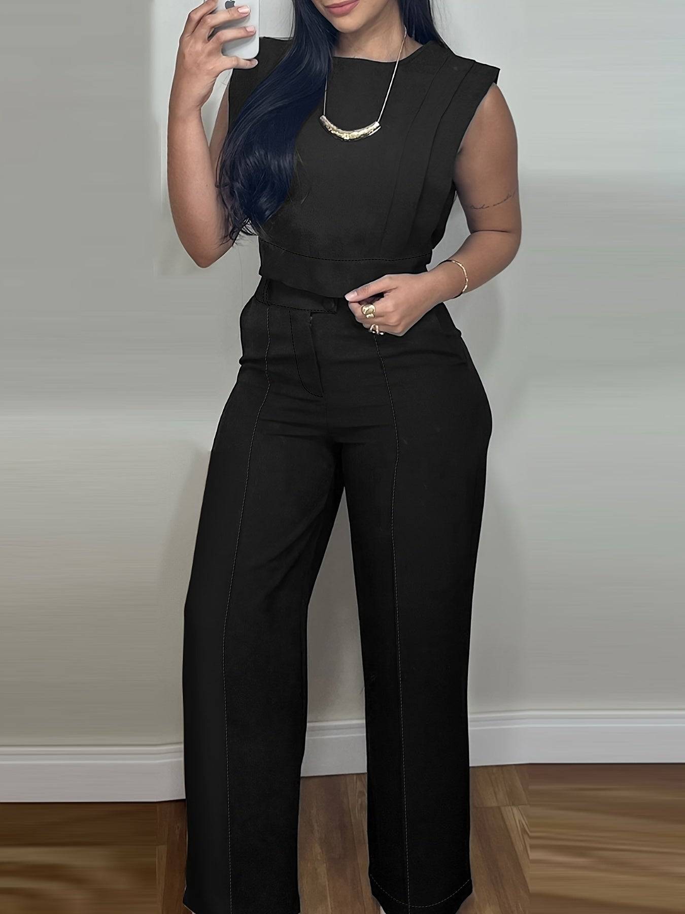 Women’s Casual 2-Piece Outfit – Short Sleeve Top & Straight Pants Set, Solid Color, Lightweight Polyester for Spring & Summer Wear