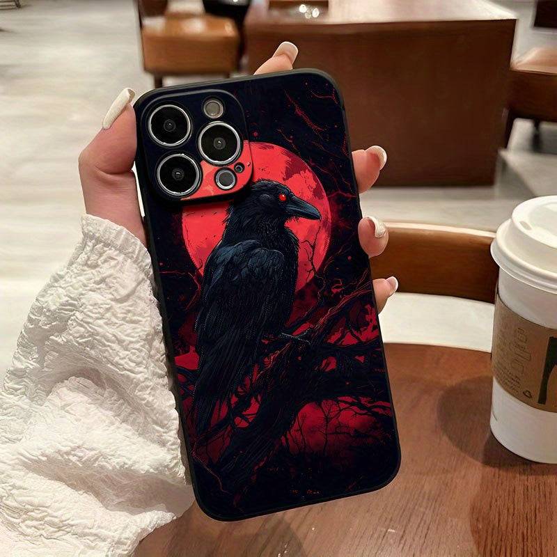 Raven Pattern Phone Case Blood Moon & Dark Forest Design Shockproof TPU Protective Cover for iPhone 11–16 Pro, Plus & Pro Max Models