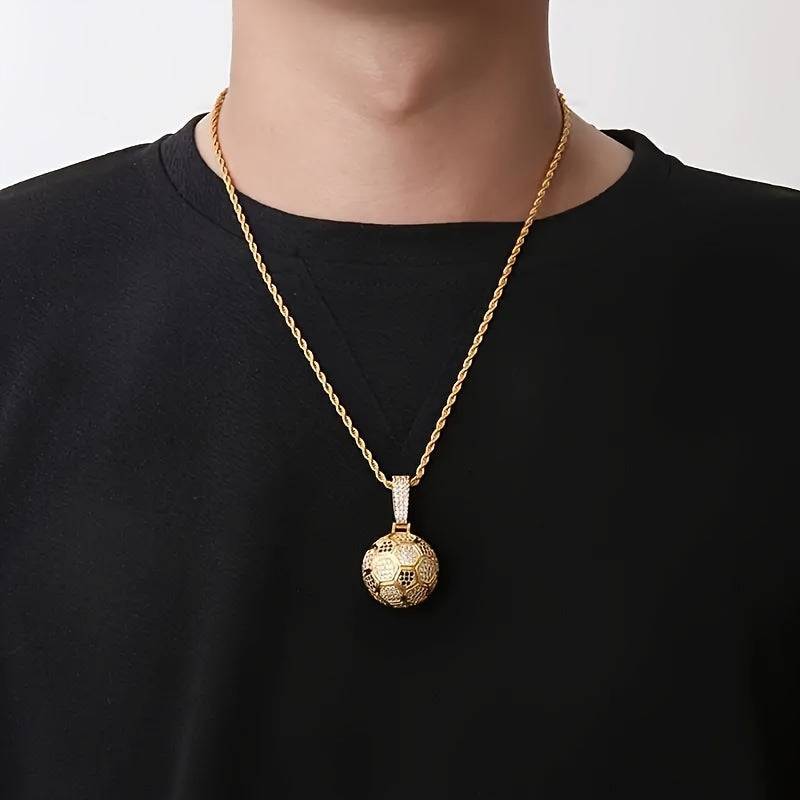 Men's 18K Gold Plated Soccer Pendant Necklace Twisted 3mm Chain with Zirconia Gift-Ready Sporty Jewelry