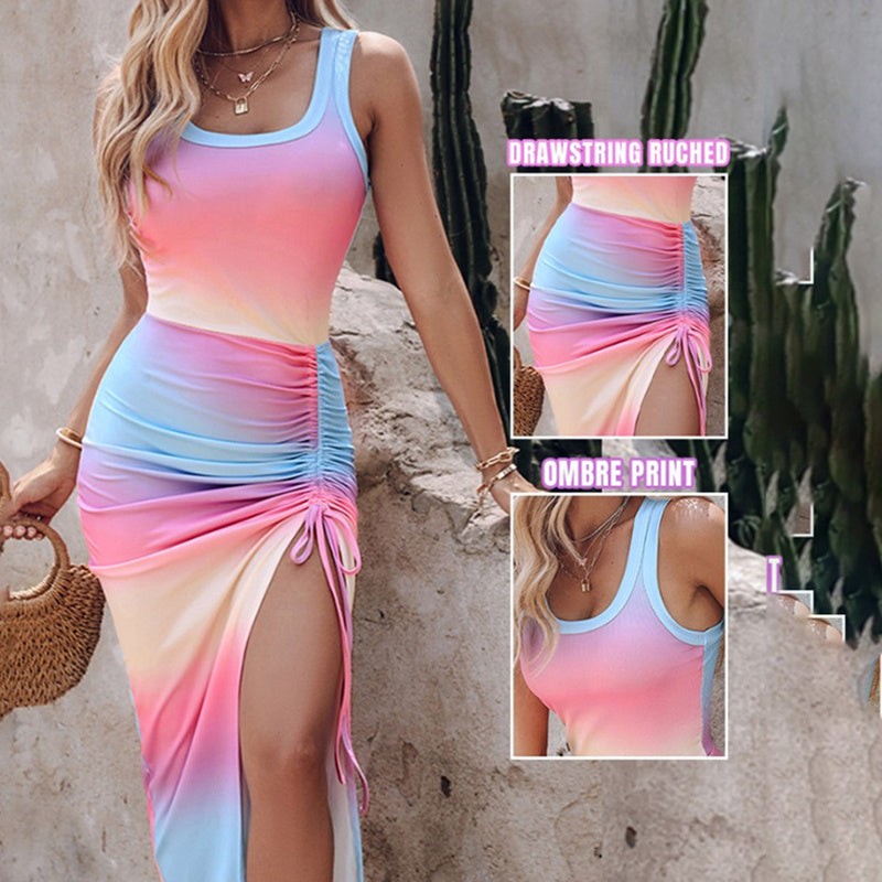 Womens Sleeveless Ruched Drawstring Side Split Dress