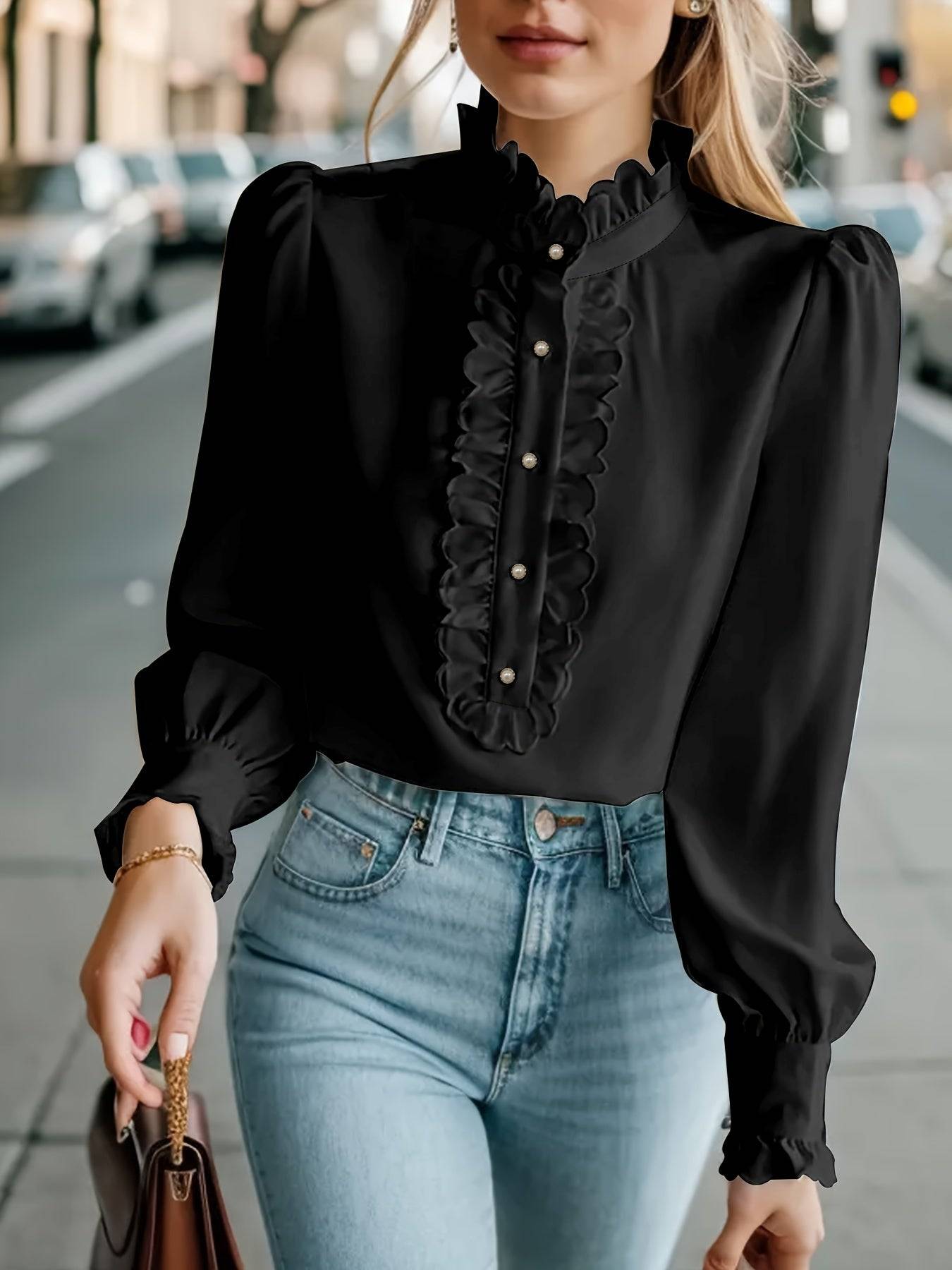 Womens Long Sleeve Shirt with Ruffle Hem