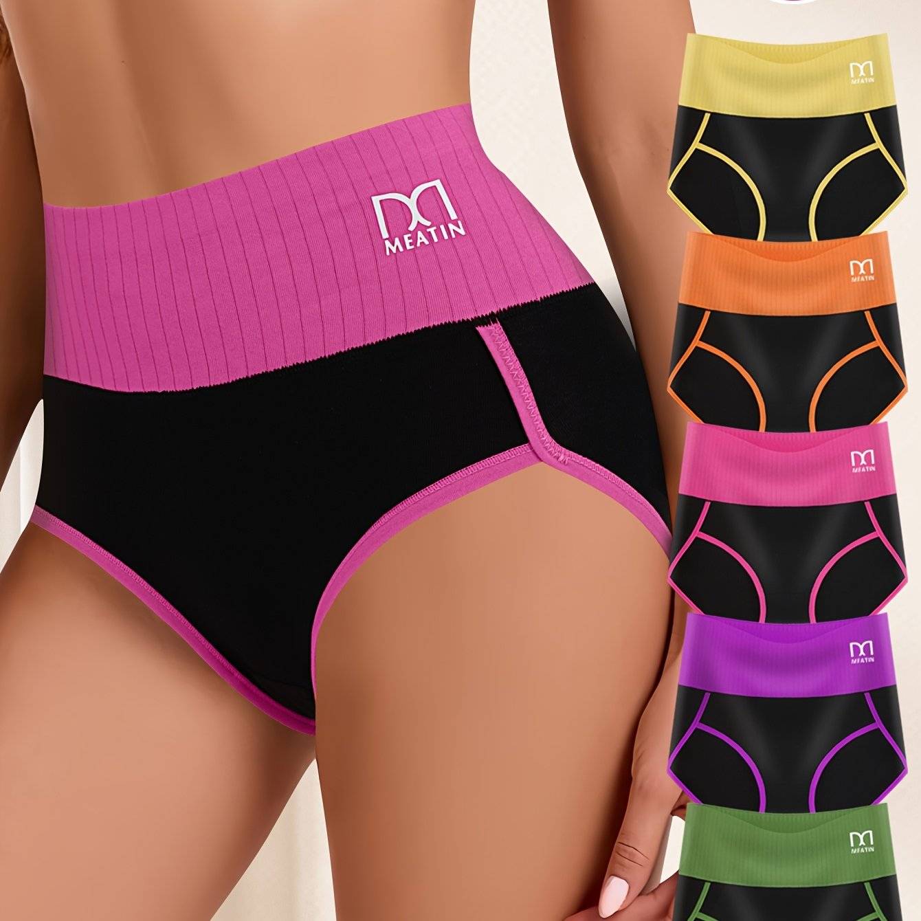 5pcs high-waist tummy control panties for women, contrast color briefs, soft stretch fabric, comfortable bikini fit