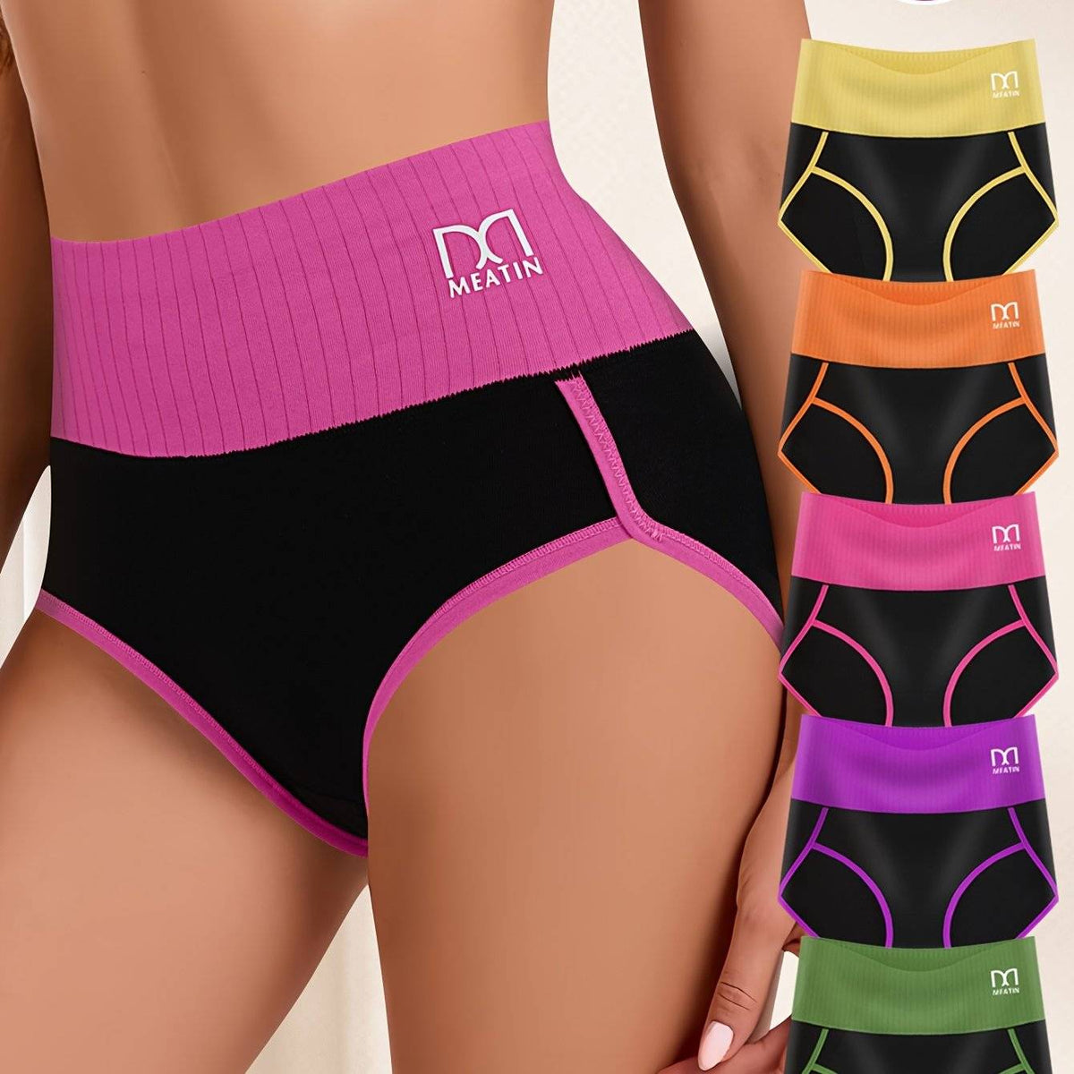 5pcs high-waist tummy control panties for women, contrast color briefs, soft stretch fabric, comfortable bikini fit