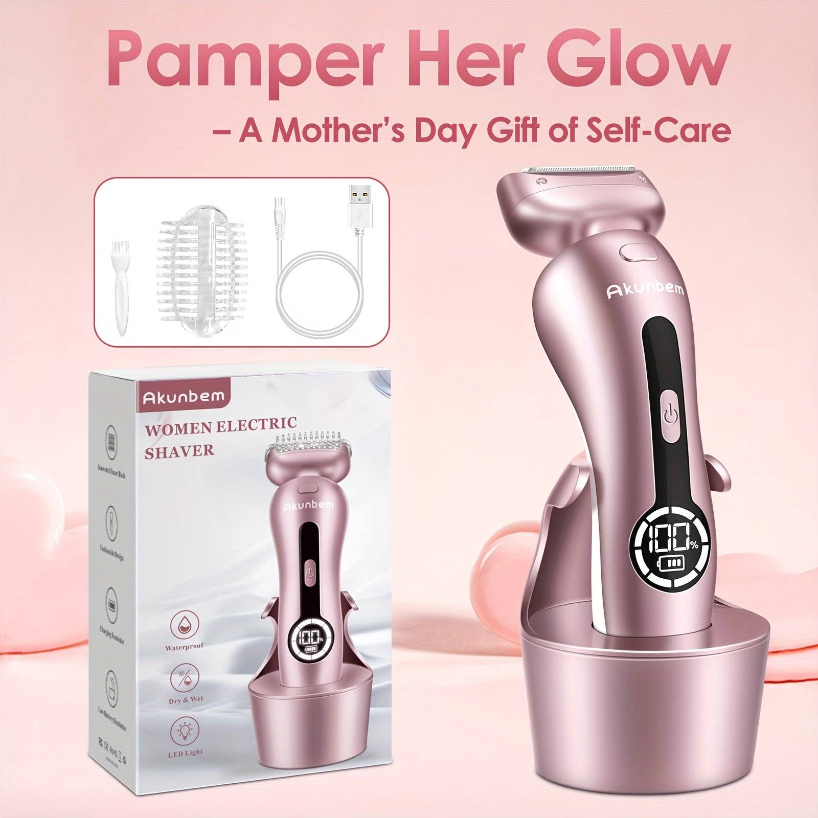 Rechargeable electric women’s shaver in pink with gift packaging for Mother’s Day. Includes waterproof trimmer and grooming accessories.