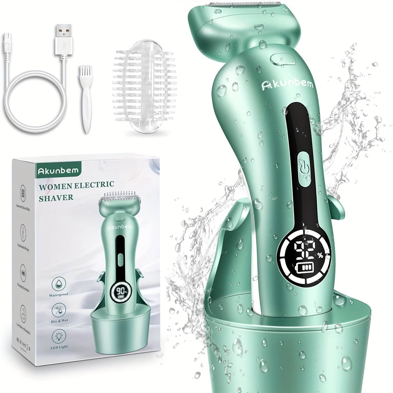 Green rechargeable electric women’s shaver with waterproof design, LED display, and grooming kit. Suitable for wet and dry shaving.