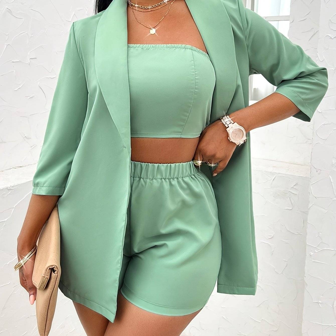 Women’s Three-Piece Set Strapless Top, Shorts & Jacket with Green Fruit Collar Solid Color Casual Wear