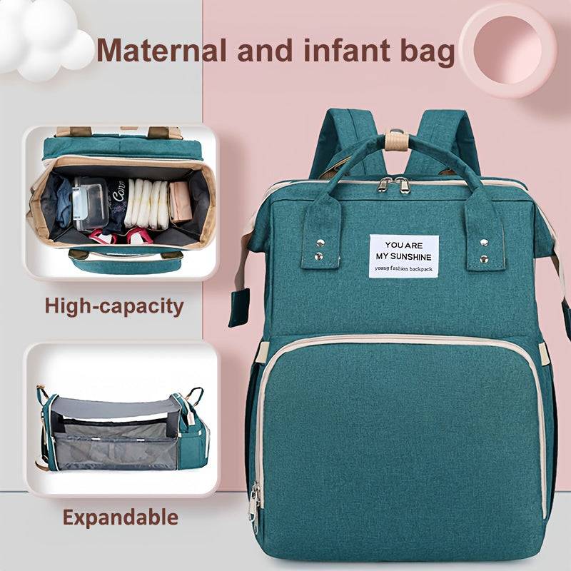 Multifunctional mommy backpack with foldable portable baby crib, double shoulder straps, stroller-friendly and large capacity