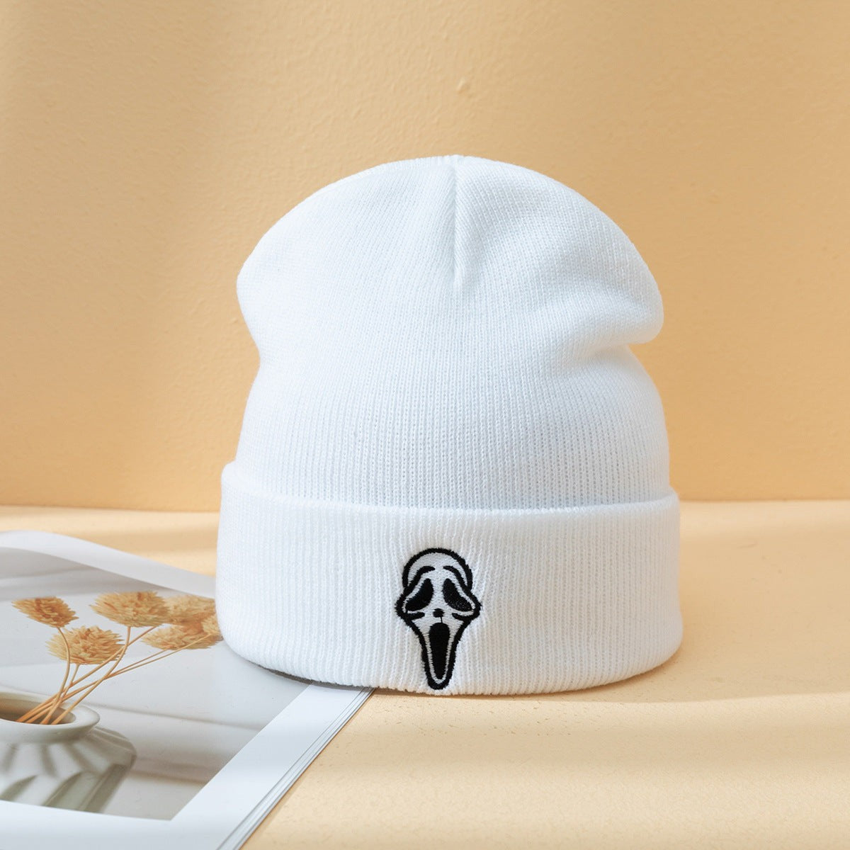 Unisex Knitted Skull Hat Ghost Face Embroidered Acrylic Beanie Autumn Winter Street Style