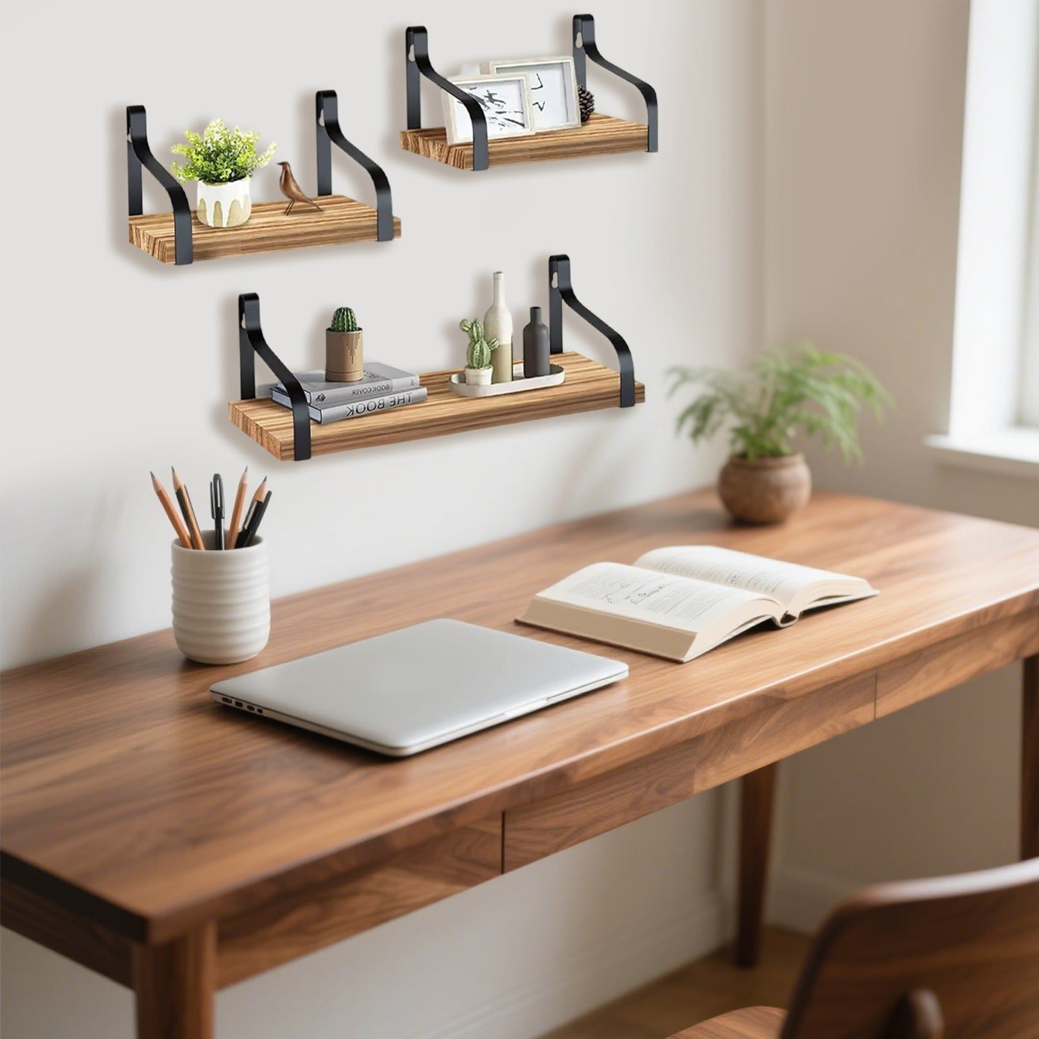 3 Piece Floating Shelves Set with Metal Wall Brackets