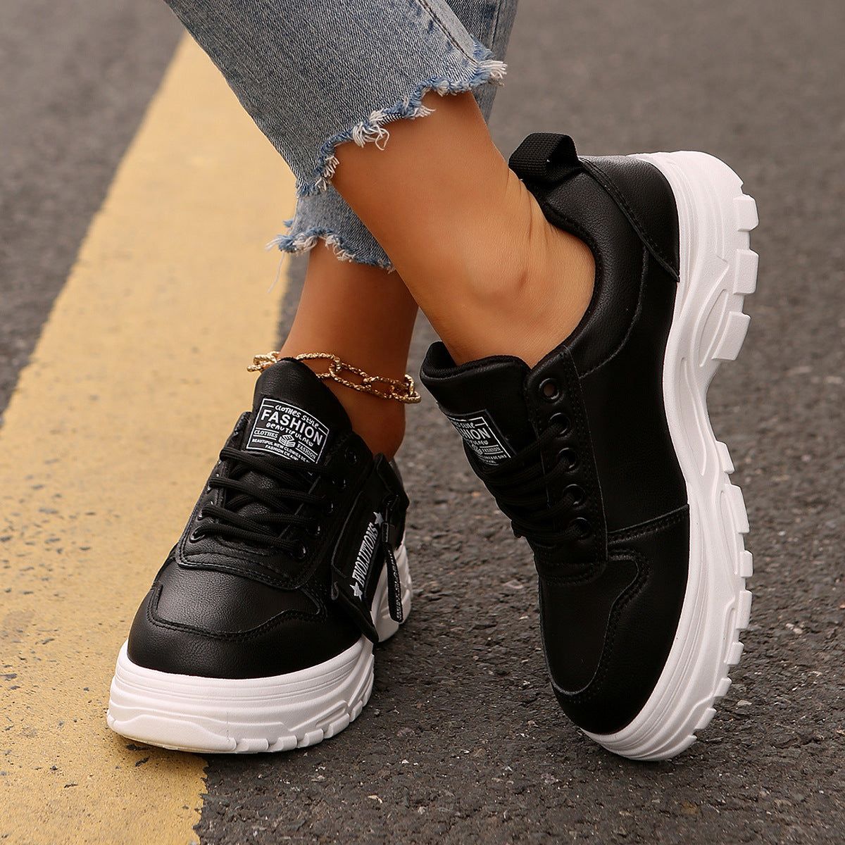 Women's Lace Up shoes Side Zipper Thick Sole Comfort