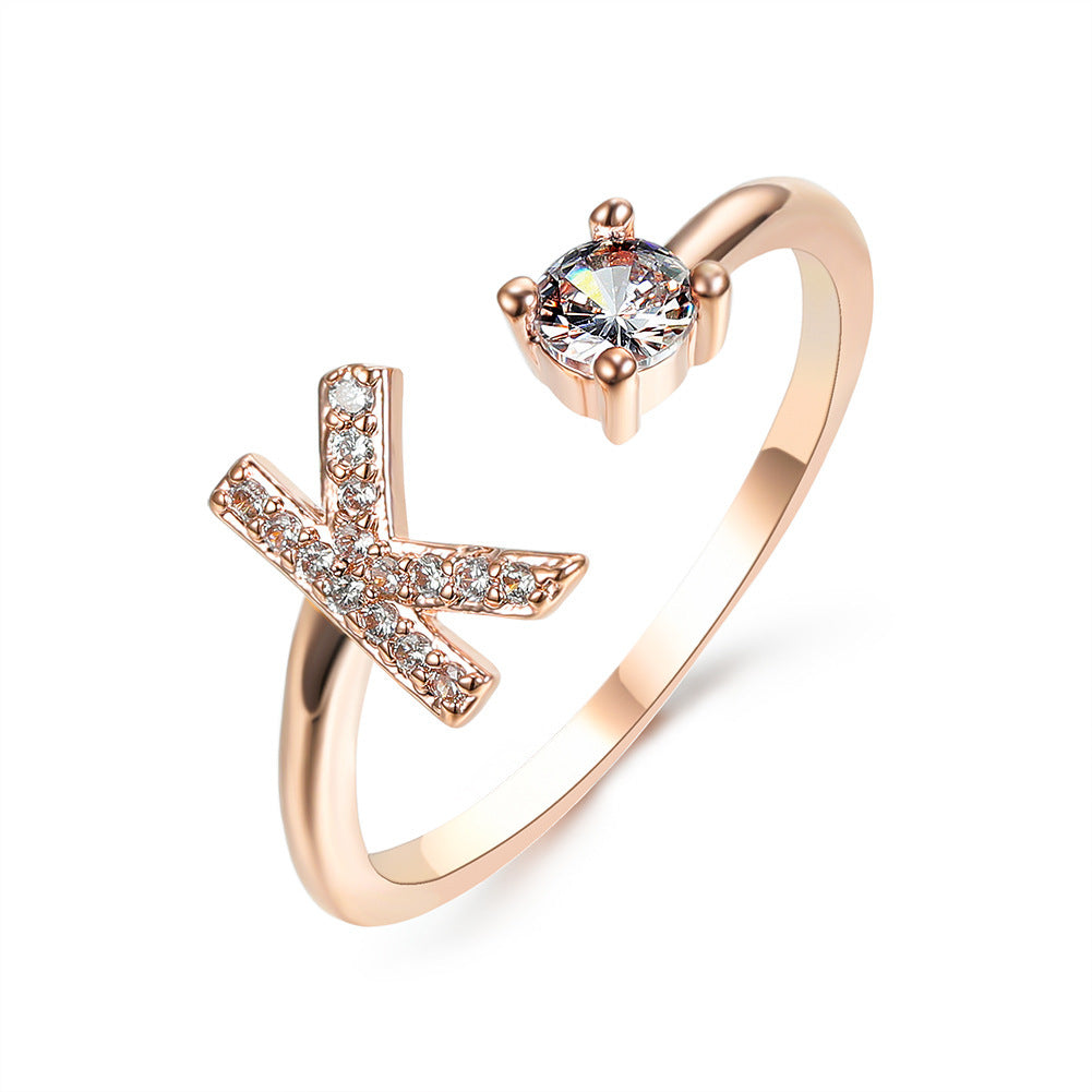 Anillo de letra ajustable con circonitas y diseño inicial de 26 para mujer