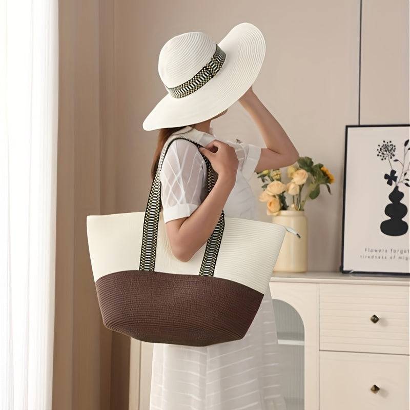 Model wearing cream and brown 2pcs Summer Travel Set with wide brim straw hat and large beach bag, perfect for stylish travel.