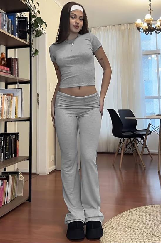 Womens Two Piece Set Slim Fit Crewneck Tee and Flared Pants