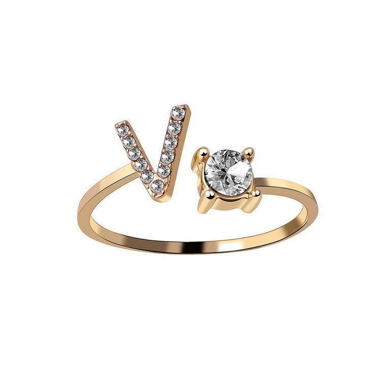 Adjustable Letter Ring with Zircon 26 Initial Design Women