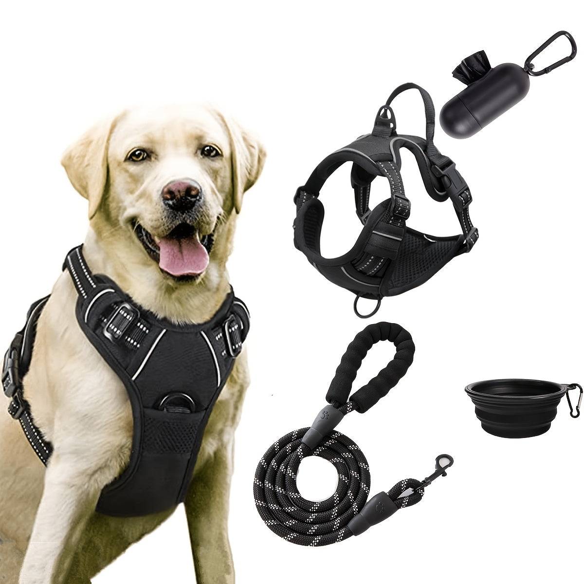 No-pull dog harness set with 5ft leash, foldable water bowl, poop bag holder, for walking, camping, running, black