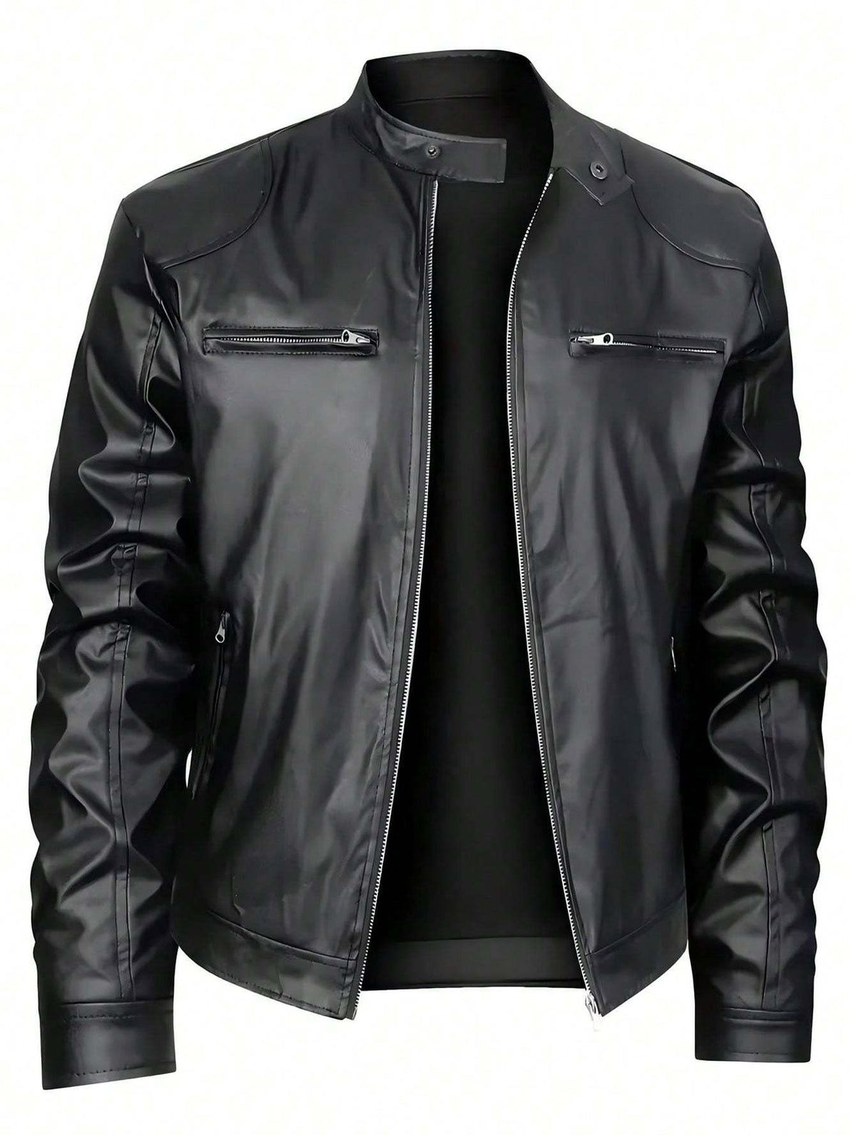 Men Stand Collar Faux Leather Jacket Zipper Casual Fit