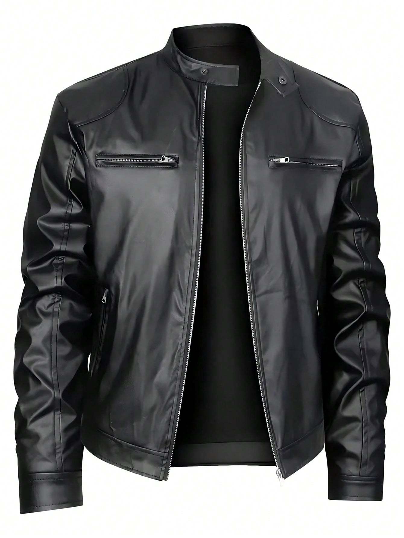 Men Stand Collar Faux Leather Jacket Zipper Casual Fit