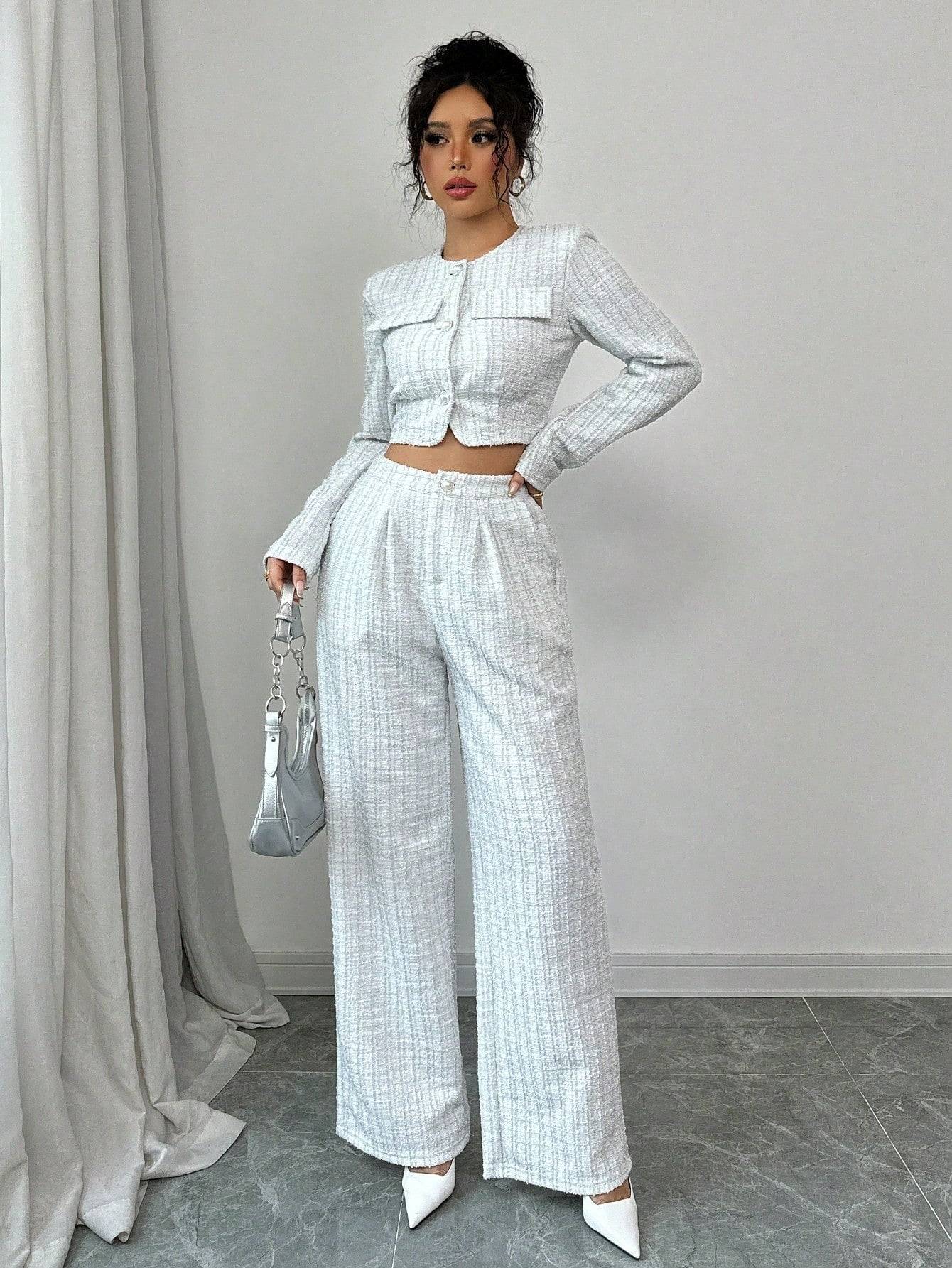 Two Piece Set Elegant Tweed Jacket and Short Pants Suit