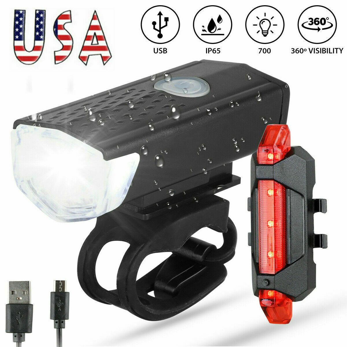 USB Rechargeable Bike Lights Set With Front And Rear LED
