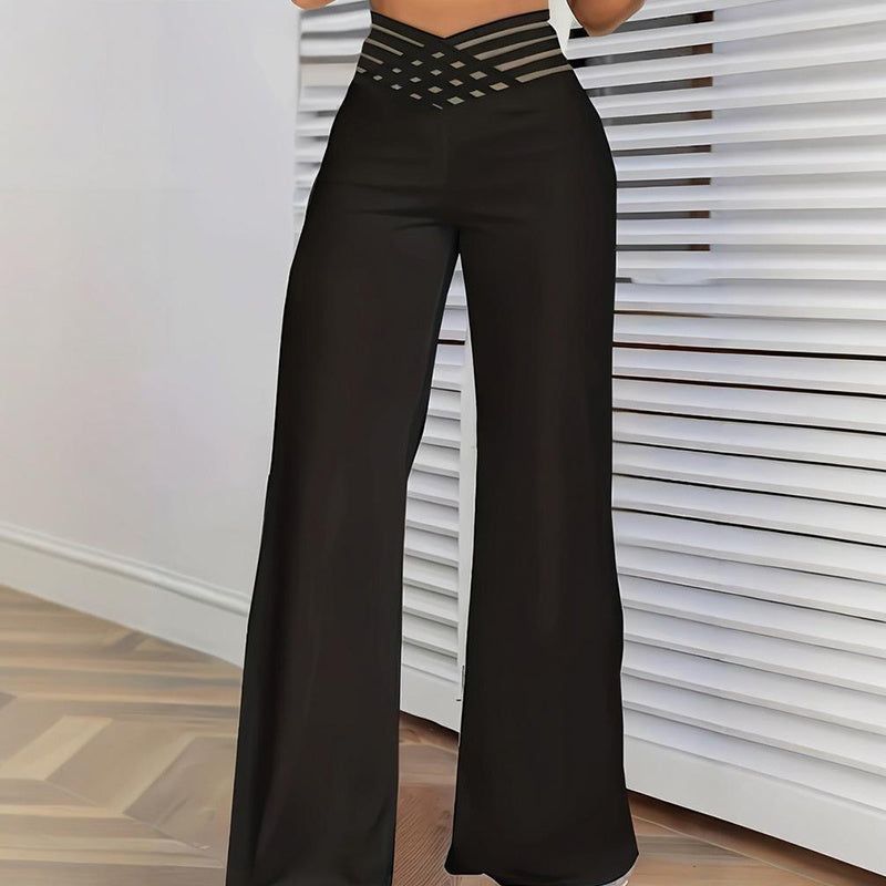 High Waist Mesh Patchwork Pants with Elegant Cross Detail