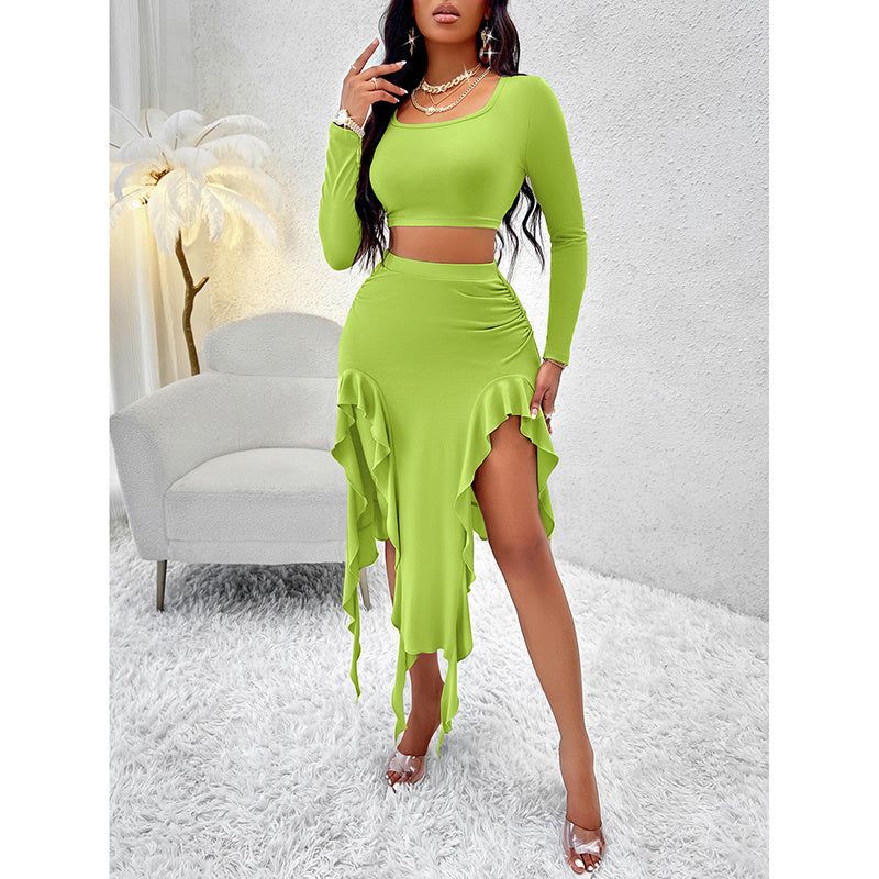 Women Square Neck Skirt and Top Set with Ruffle Trim
