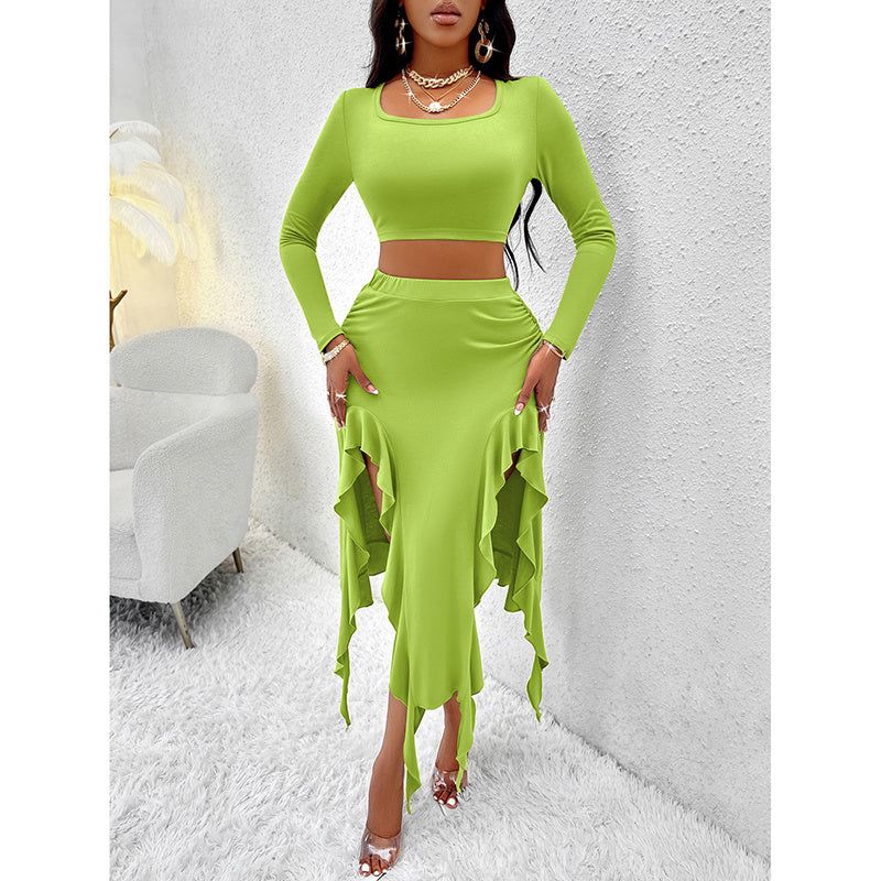 Women Square Neck Skirt and Top Set with Ruffle Trim