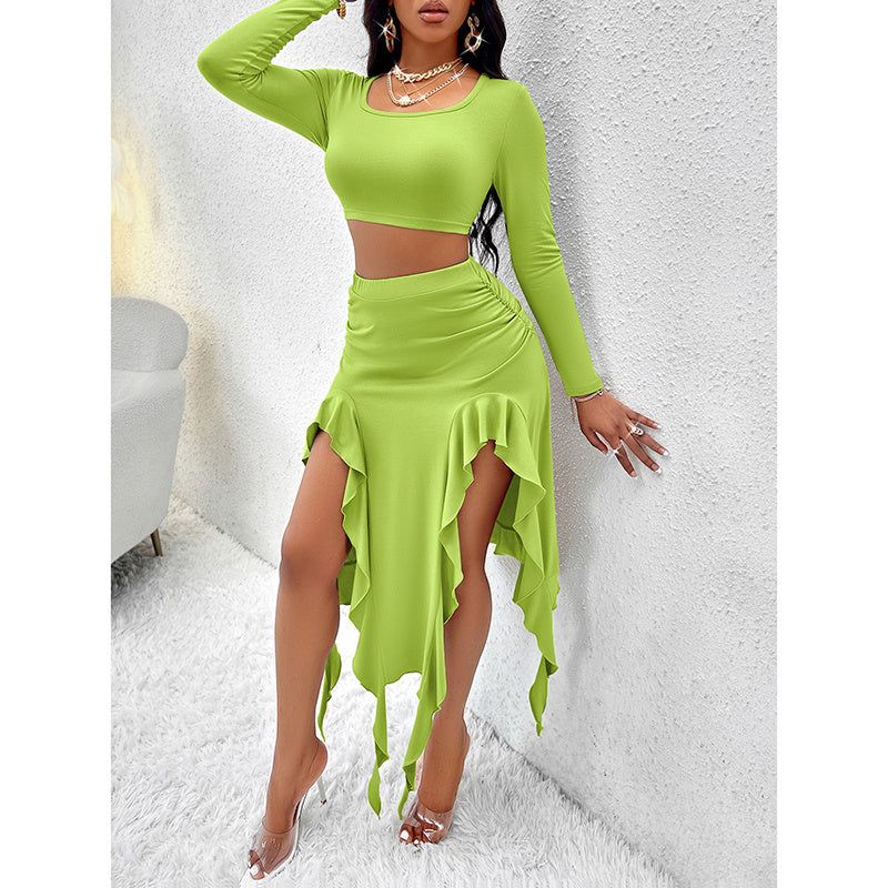 Women Square Neck Skirt and Top Set with Ruffle Trim
