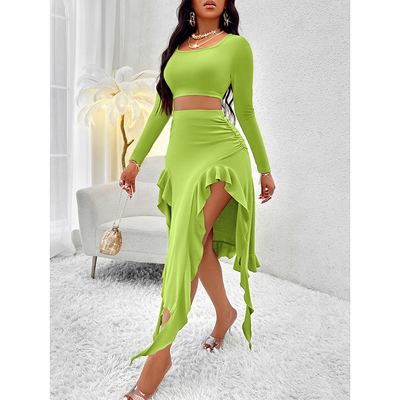 Women Square Neck Skirt and Top Set with Ruffle Trim