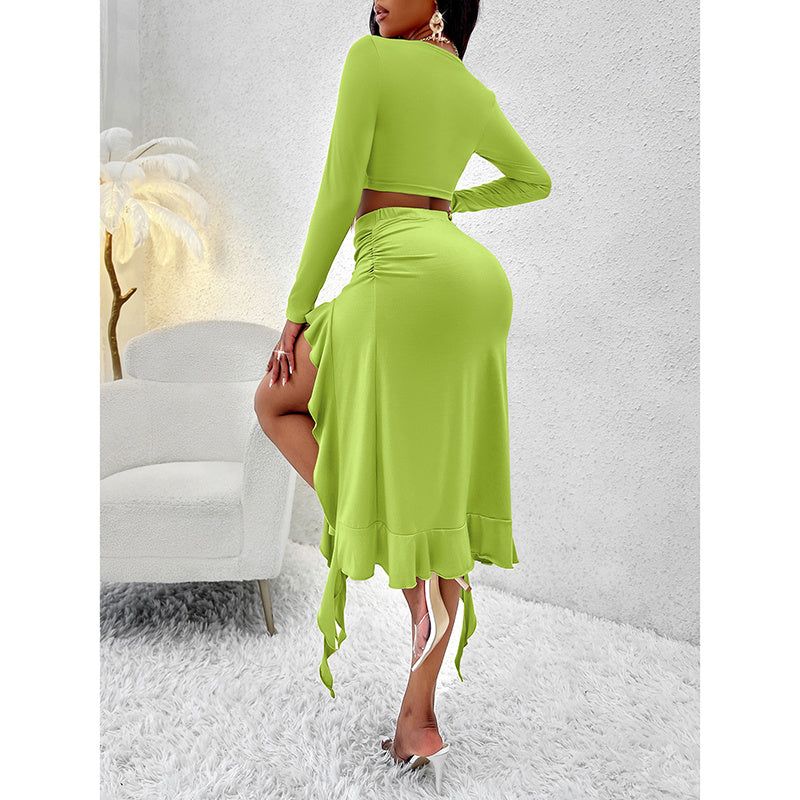 Women Square Neck Skirt and Top Set with Ruffle Trim