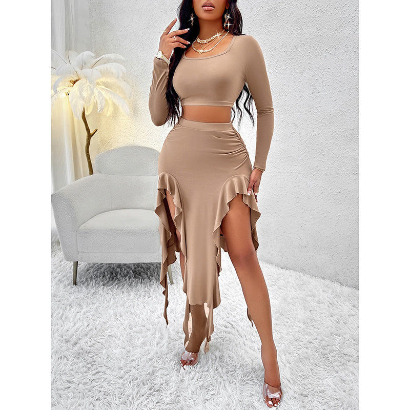 Women Square Neck Skirt and Top Set with Ruffle Trim