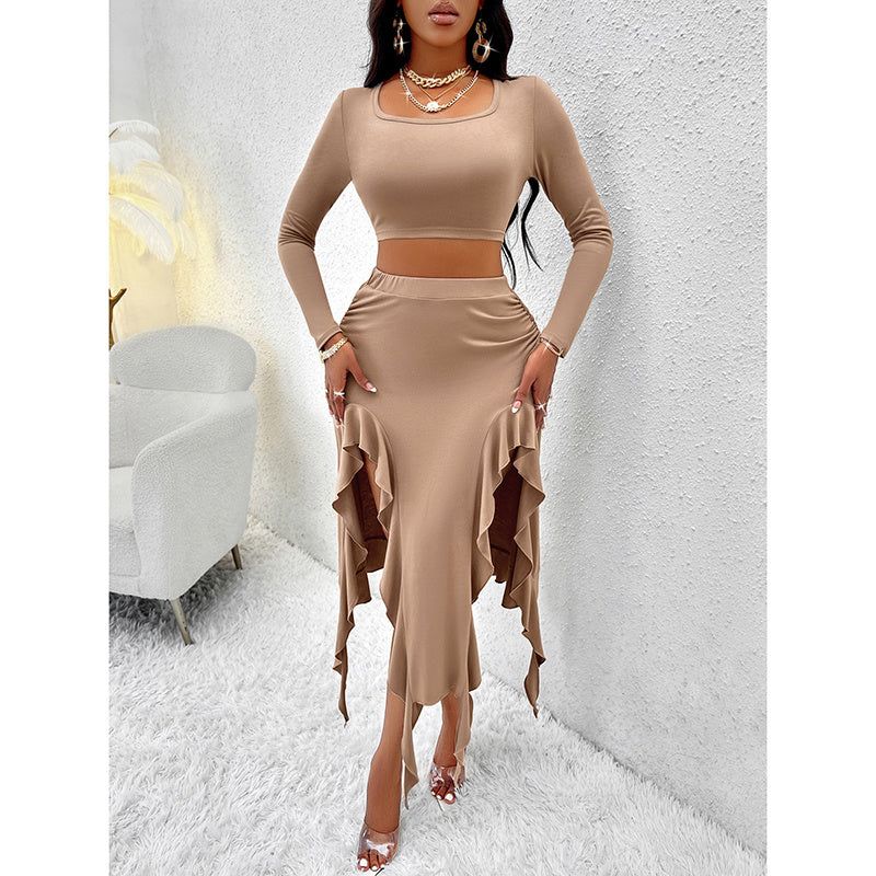 Women Square Neck Skirt and Top Set with Ruffle Trim