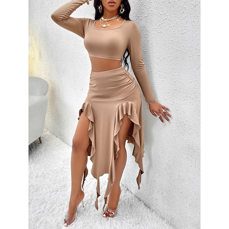 Women Square Neck Skirt and Top Set with Ruffle Trim