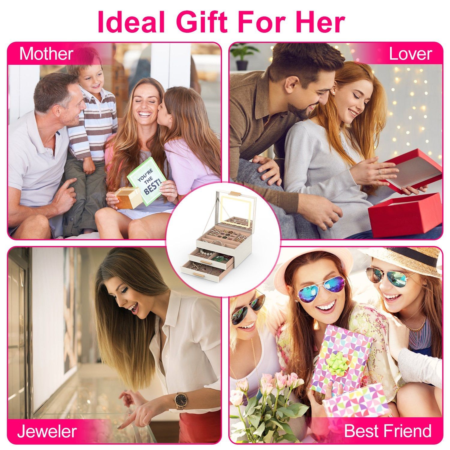 Jewelry Box 3 Layer PU Design with LED Mirror Velvet Lining