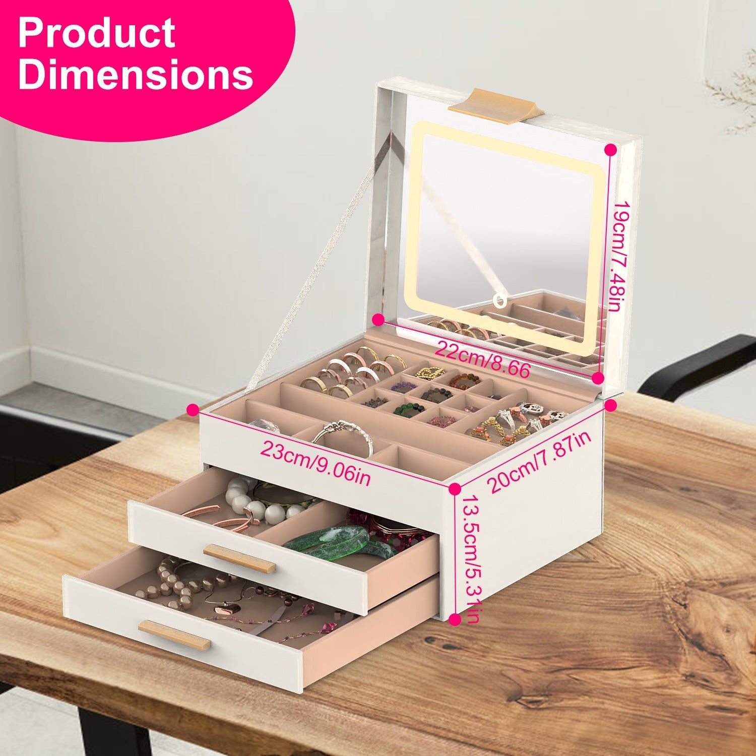 Jewelry Box 3 Layer PU Design with LED Mirror Velvet Lining