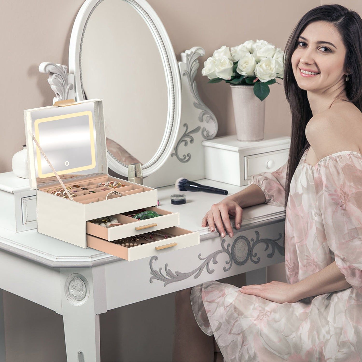 Jewelry Box 3 Layer PU Design with LED Mirror Velvet Lining