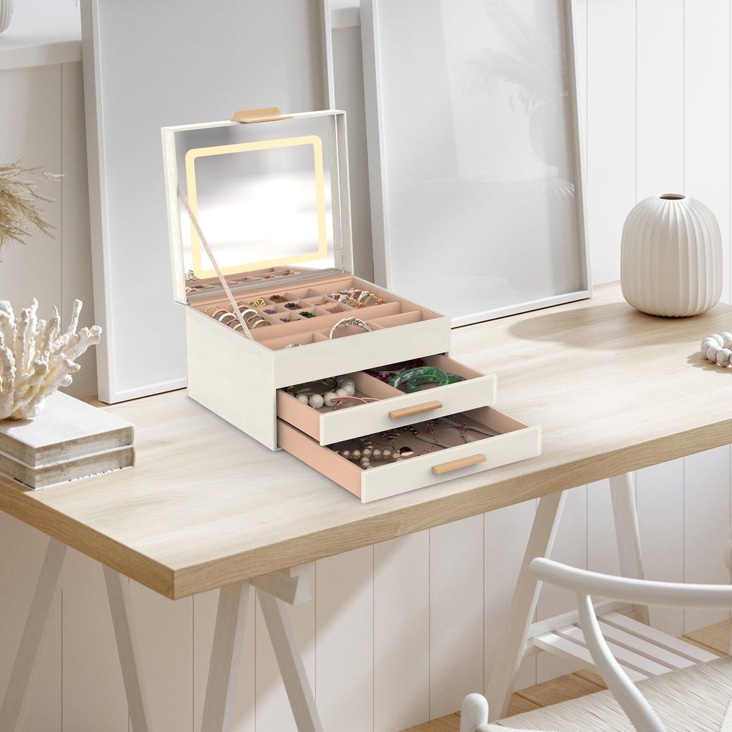 Jewelry Box 3 Layer PU Design with LED Mirror Velvet Lining