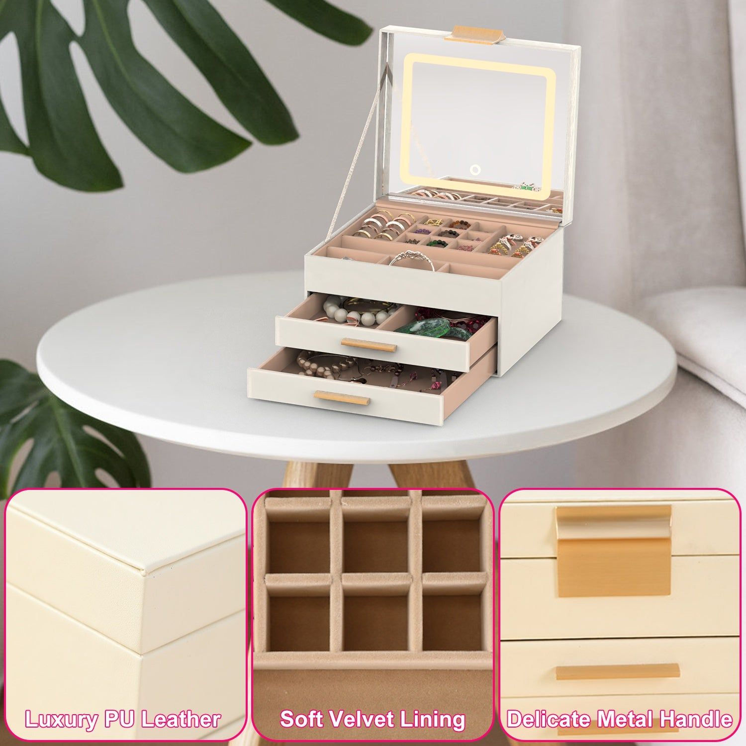 Jewelry Box 3 Layer PU Design with LED Mirror Velvet Lining