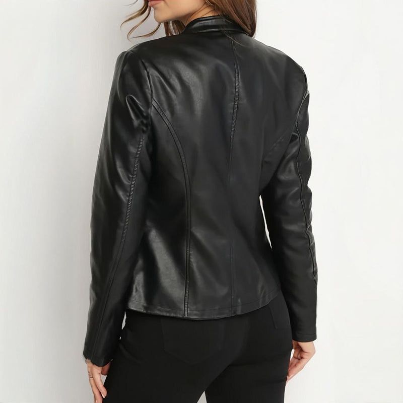 Stand Collar Faux Leather Blazer with Modern Zipper Style