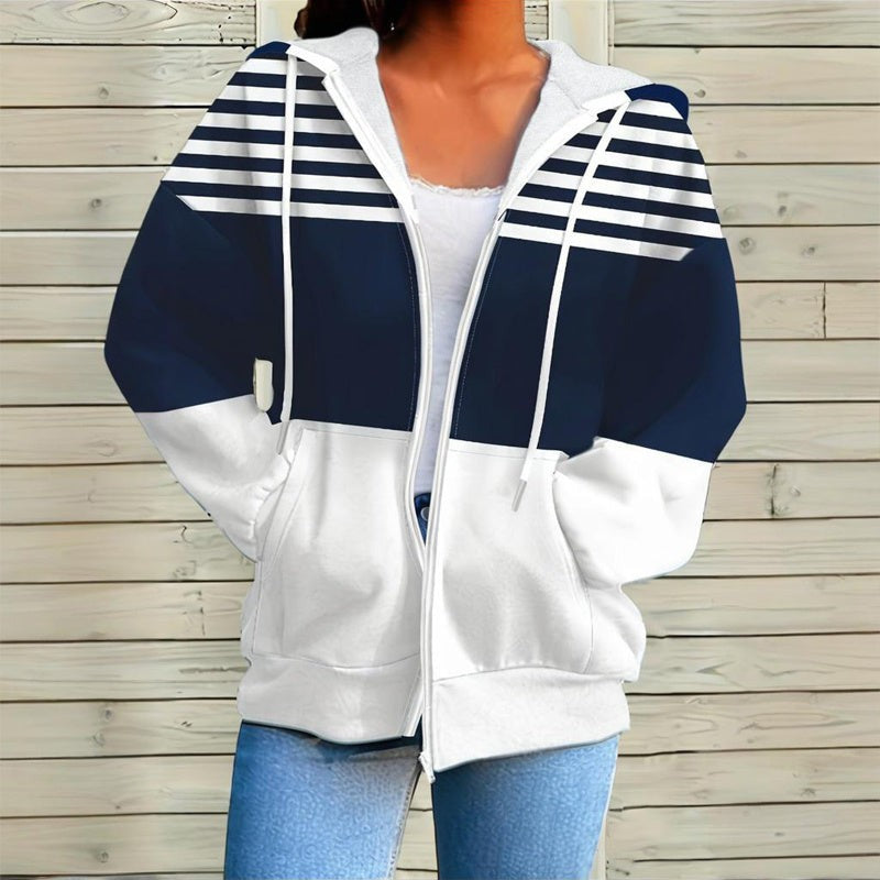 Plus Size Color Block Hoodie with Zip Up Design