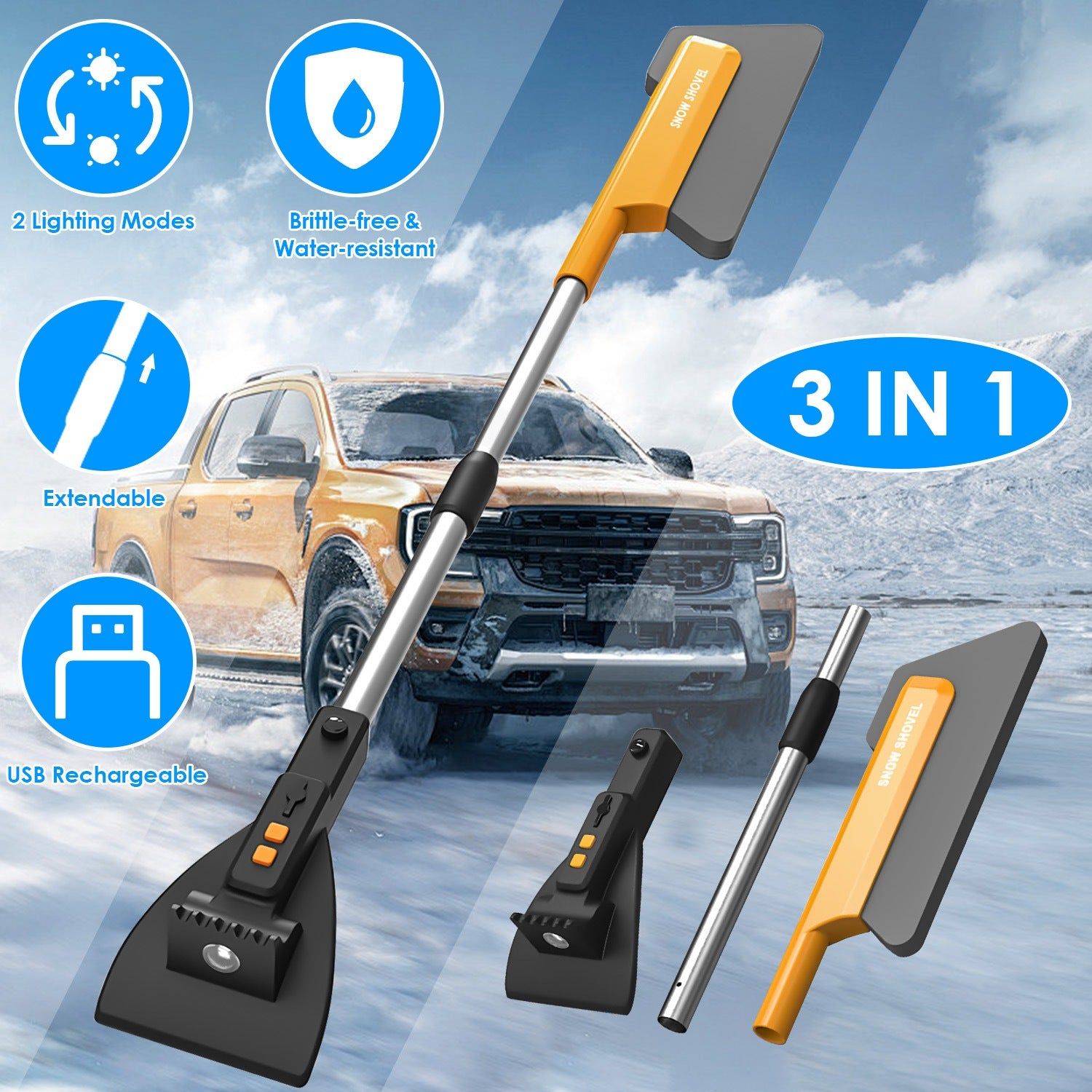 3 in 1 Car Snow Plower with LED Light and Scraper
