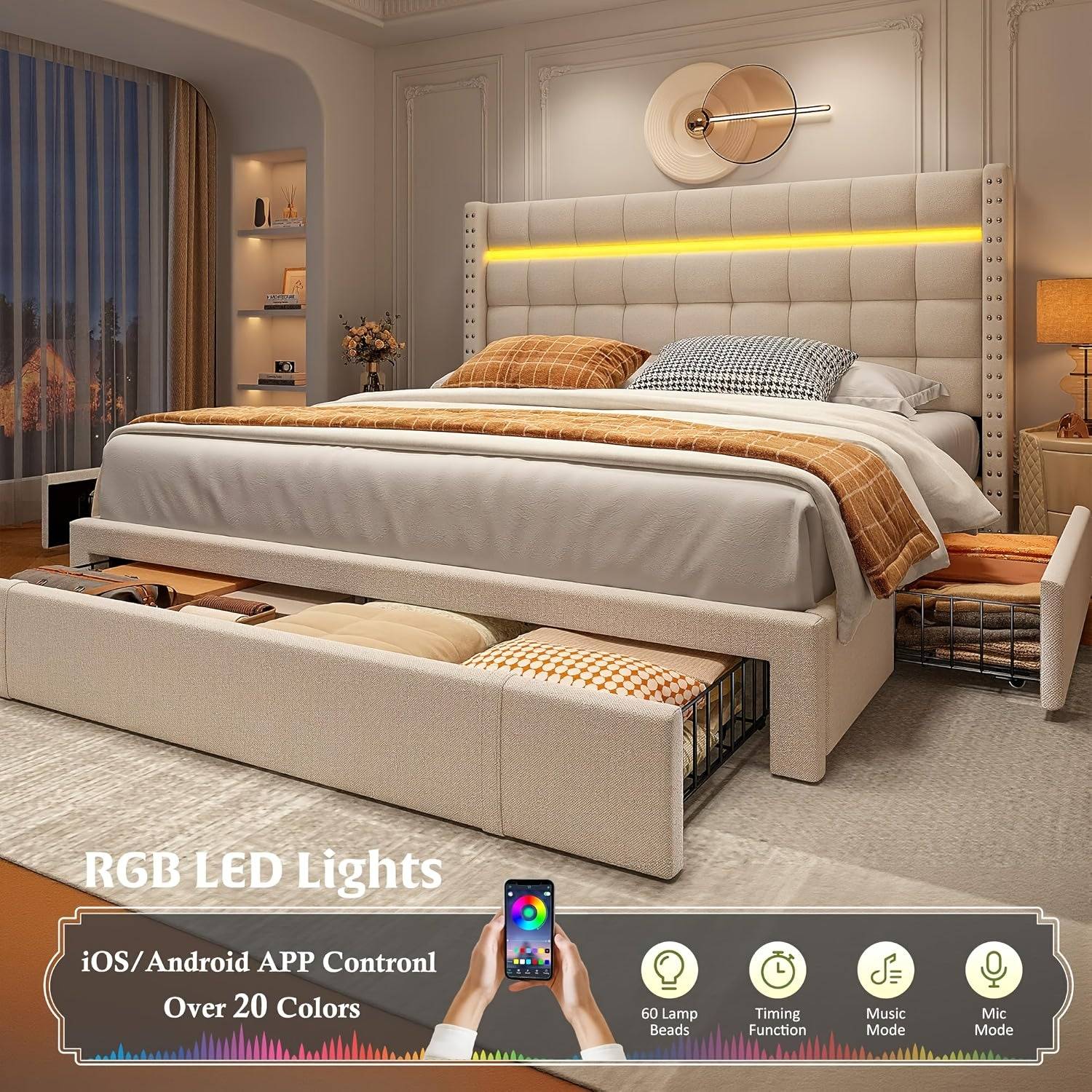 Modern Adjustable Bed with Soft Upholstered Headboard and Colorful Nightstand, Hardwood & Metal Frame, Plug-In Power, Easy Assembly