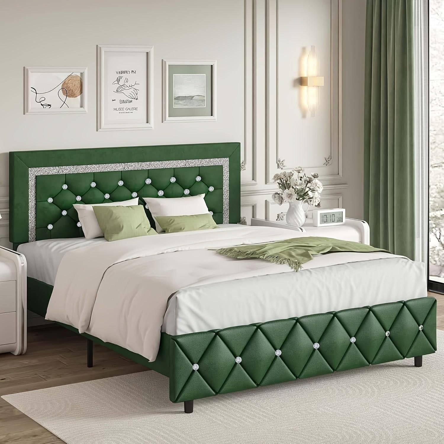 Upholstered Platform Bed Frame with Button Tufted Diamond Headboard, Padded Design, Wooden Slat Support, Easy Assembly