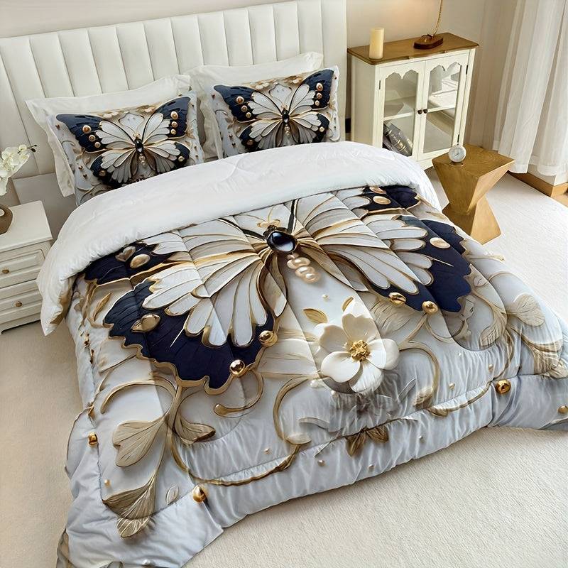 3-Piece Butterfly & Flower Quilt Set – Black & White Digital Print Comforter with Pillowcases