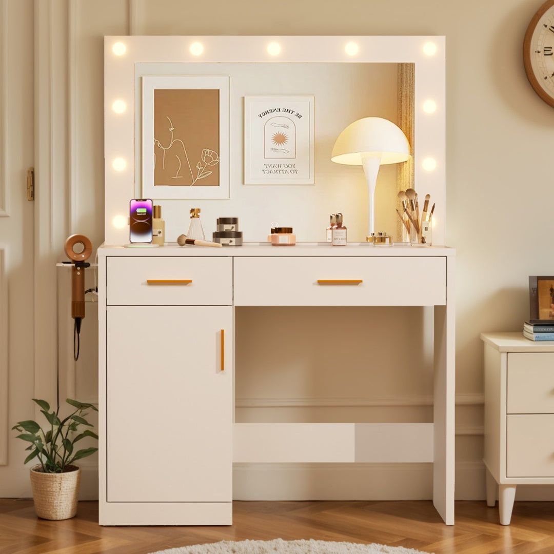 Makeup Vanity Table with LED Mirror and Charging Station