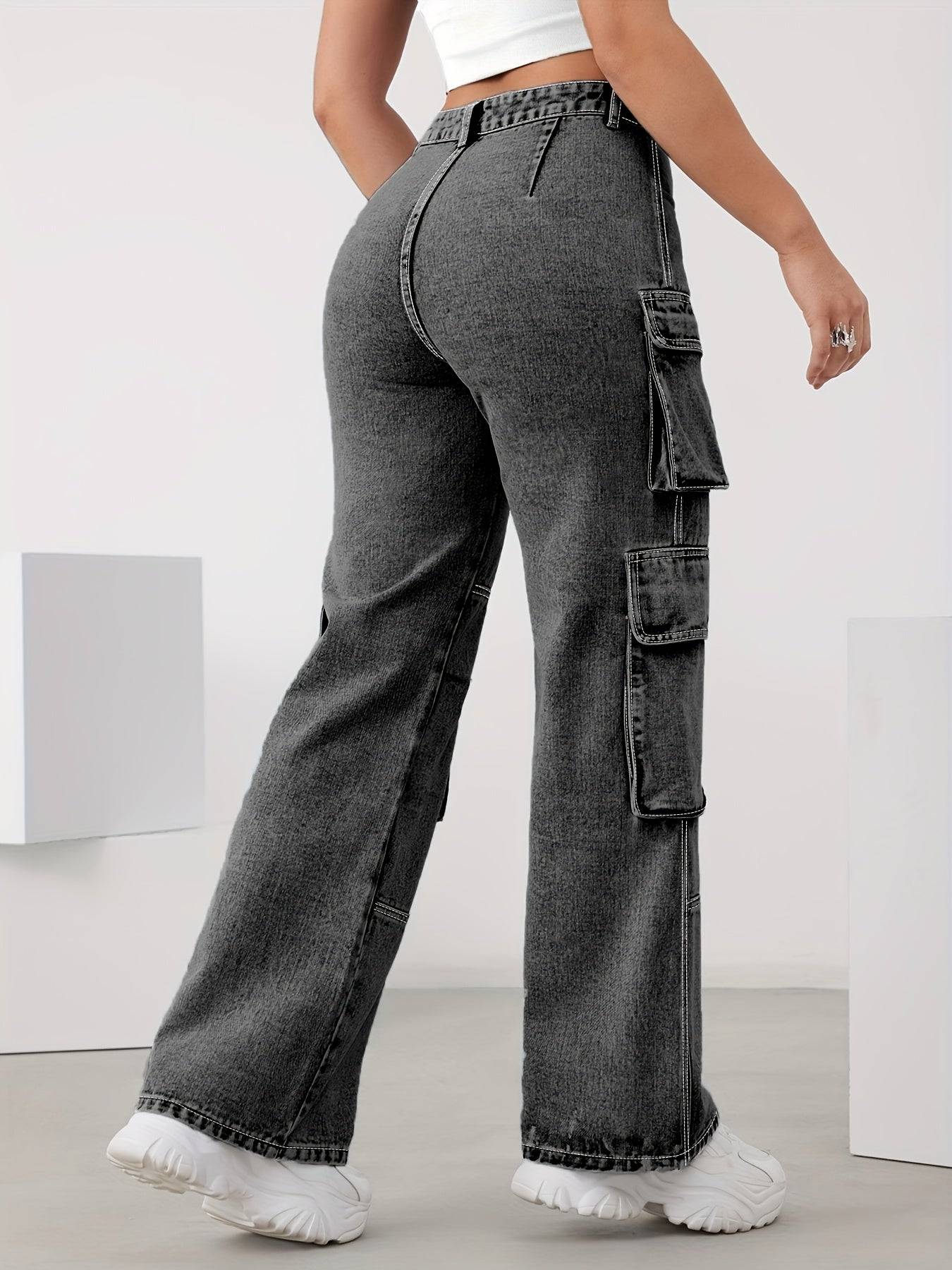 Plus Size Women’s Straight-Leg Jeans Elastic High Waist Dark Gray with Organ Pocket Design