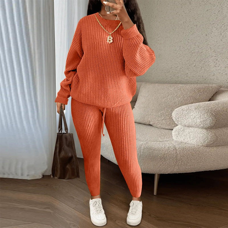 Women’s Ribbed Knit Sweater and Pants Set Loose Pullover Top with Drawstring Trousers
