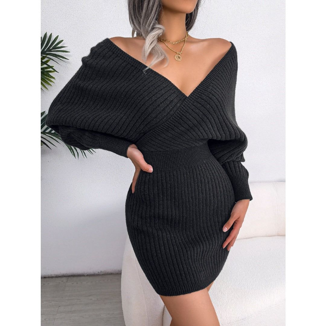 Dress Acrylic Bodycon Mini Cross V Neck Batwing Sleeve