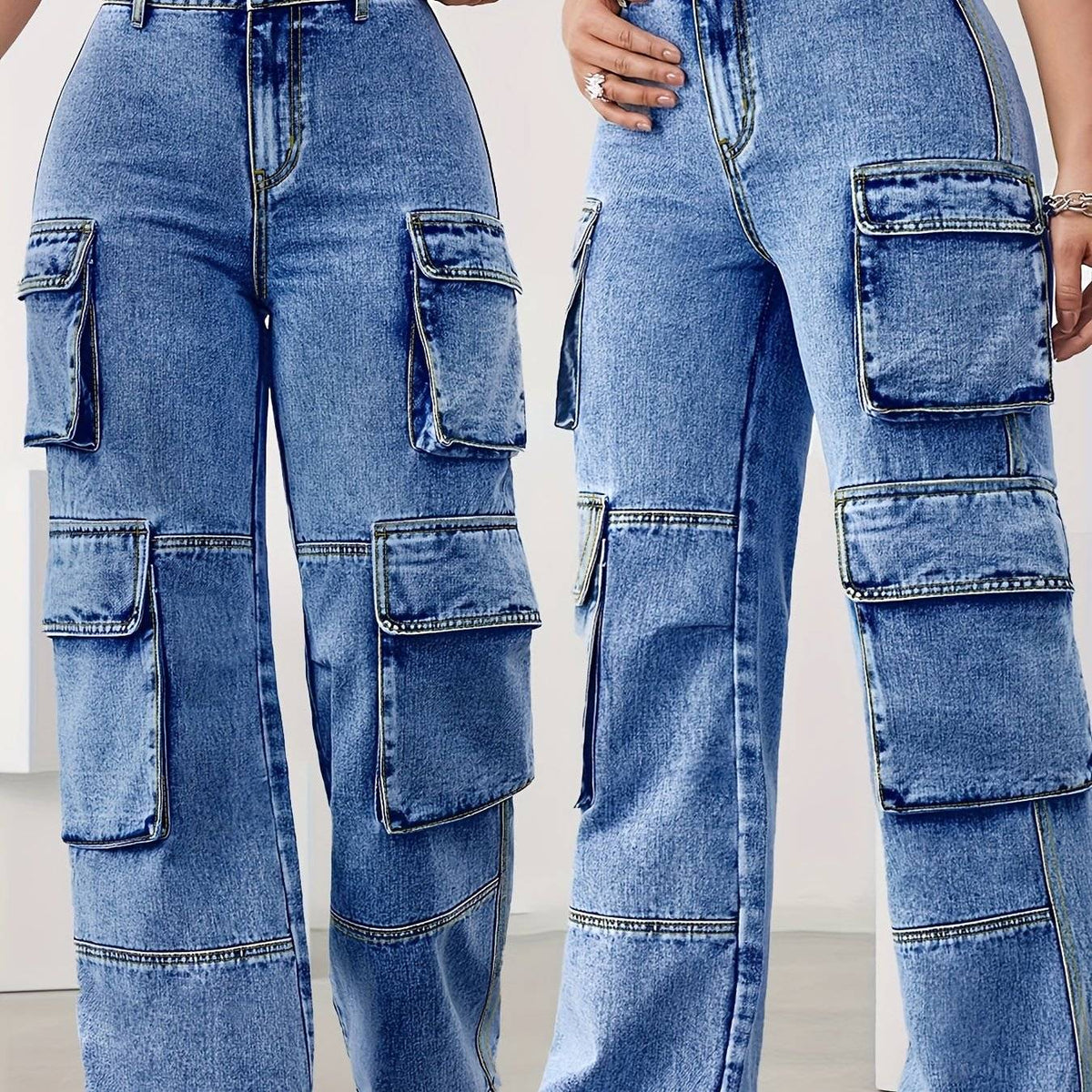 Women’s High-Waist Cargo Jeans Stretchy Wide-Leg Denim with Multiple Pockets in Light Blue